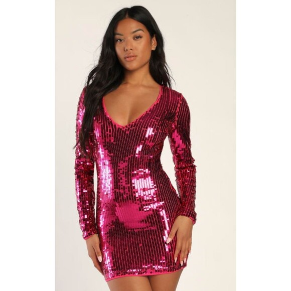 Lulus Glowing Sensation Magenta Sequin Mini Bodycon Open Back Dress Size Small - Picture 2 of 11